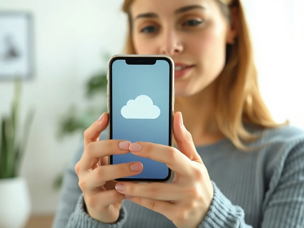 Kobieta trzymająca iPhone'a z ikoną chmury na ekranie, symbolizującą tworzenie kopii zapasowej w iCloud.