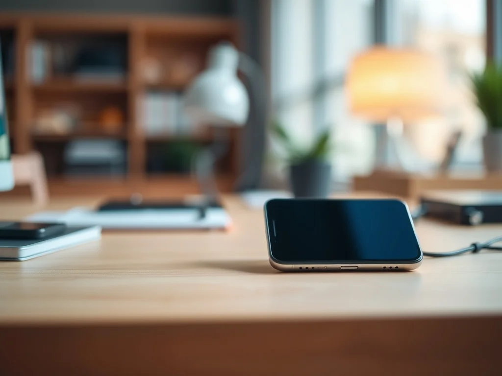 Nowoczesny smartfon leżący na drewnianym biurku, symbolizujący proces przesyłania danych między urządzeniami.