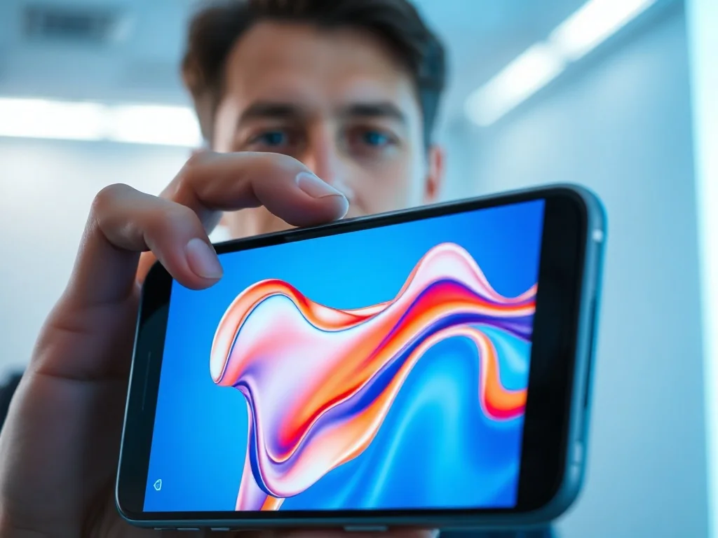Mężczyzna trzyma nowoczesny smartfon z wyraźnym, kolorowym ekranem o wysokiej rozdzielczości w minimalistycznym studiu.