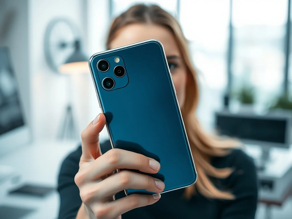 Elegancki smartfon z metalową ramką i szklaną obudową trzymany w dłoni na tle nowoczesnego biura.