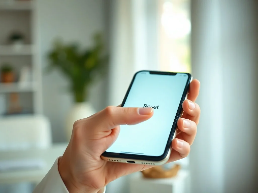 Kobieta trzymająca smartfon z widocznym przyciskiem resetowania ustawień na ekranie w jasnym, minimalistycznym biurze.