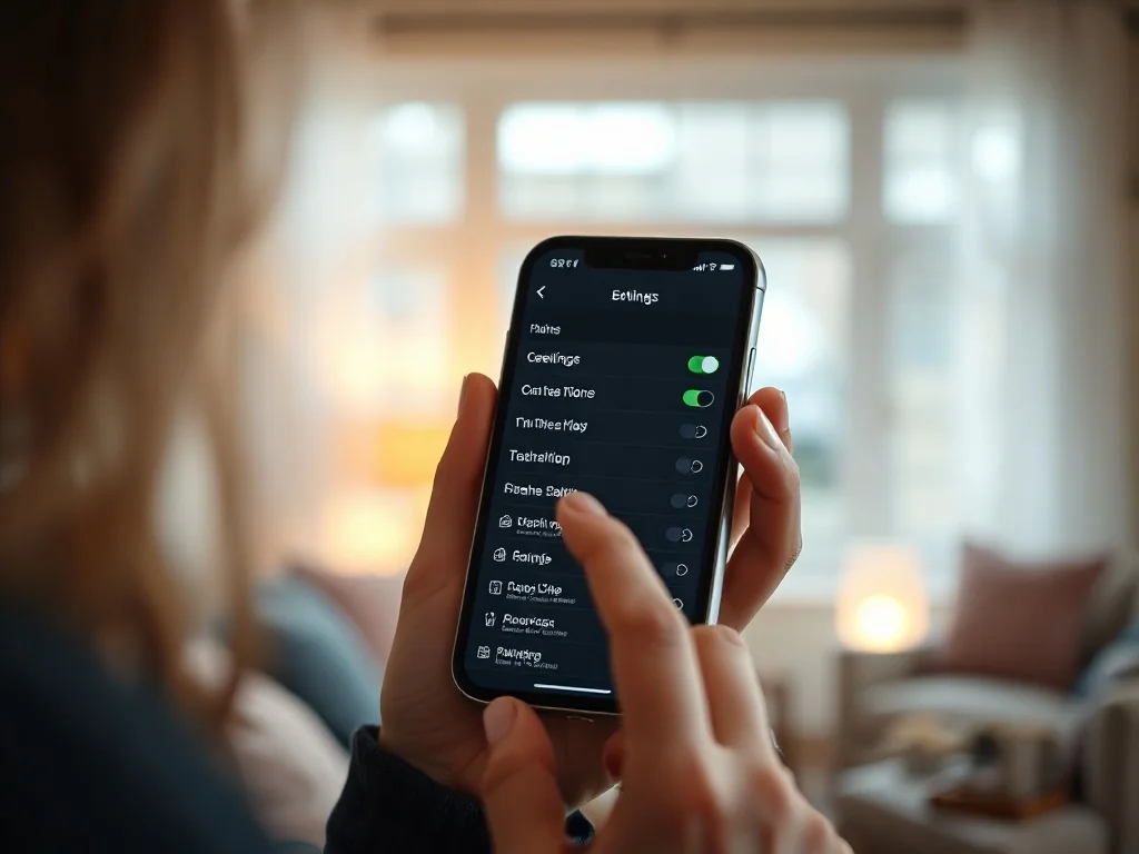 Dłoń trzymająca iPhone’a z otwartym menu ustawień w przytulnym wnętrzu domu.