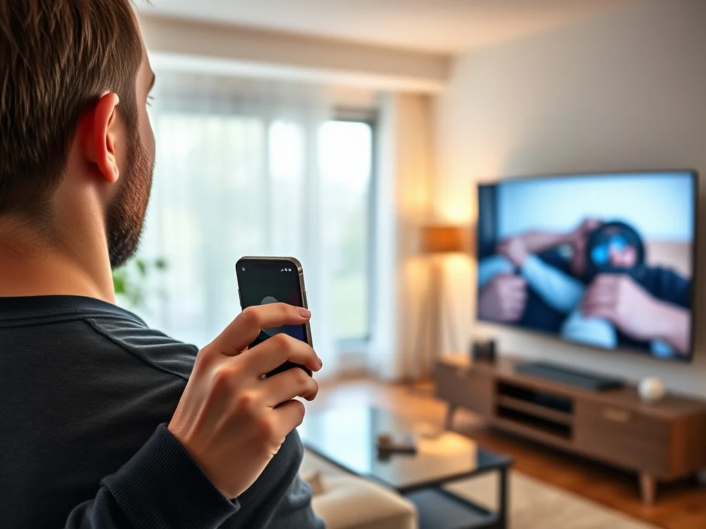 Mężczyzna w przytulnym salonie bezprzewodowo przesyła obraz z iPhone'a na ekran nowoczesnego telewizora.