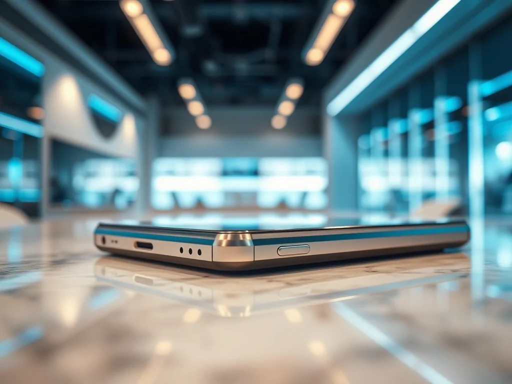 Futurystyczny smartfon z tytanową obudową spoczywający na minimalistycznym marmurowym blacie w nowoczesnym studiu.