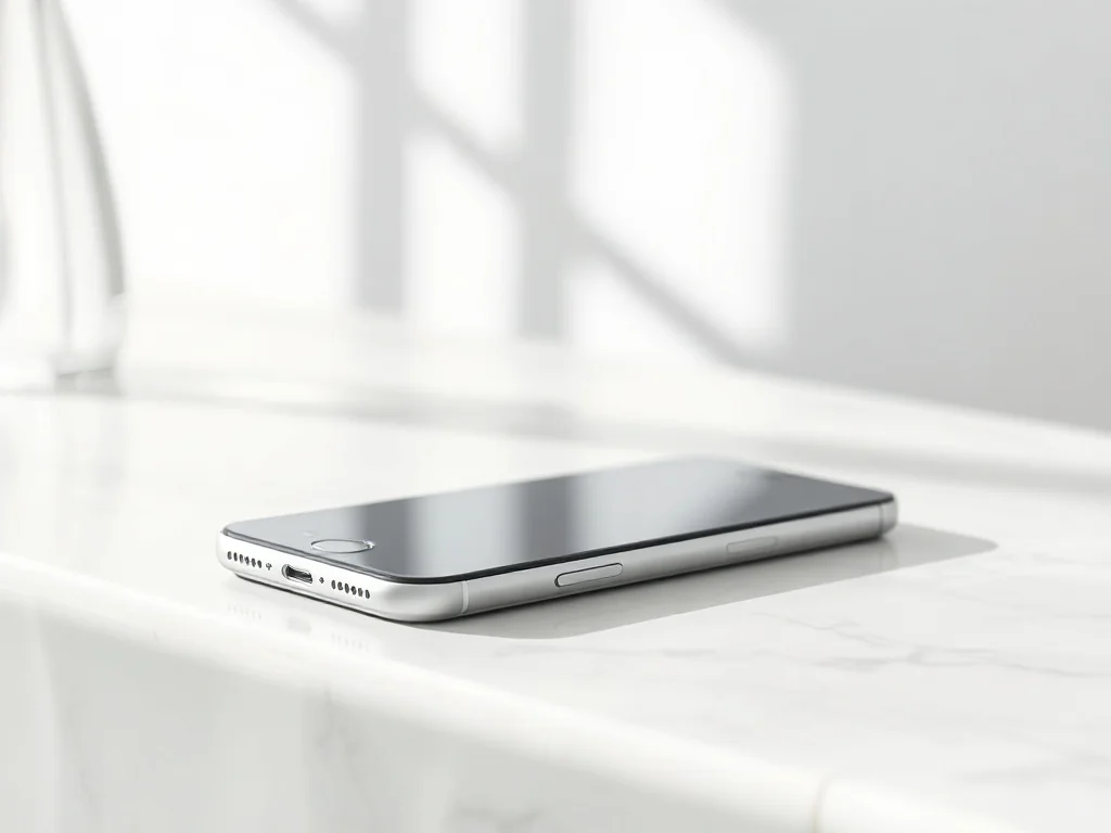 Elegancki smartfon iPhone 15 spoczywający na marmurowym blacie, ukazujący smukły profil i nowoczesny design urządzenia.