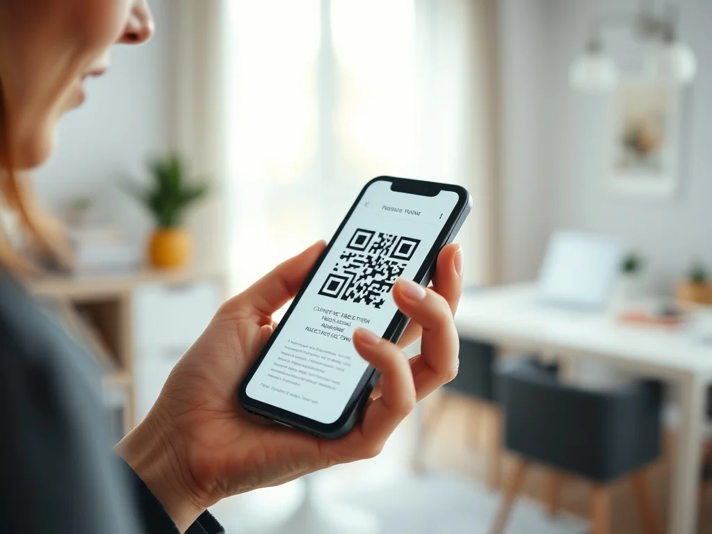 Dłoń trzymająca smartfon skanujący kod QR z dokumentu w jasnym, nowoczesnym biurze.